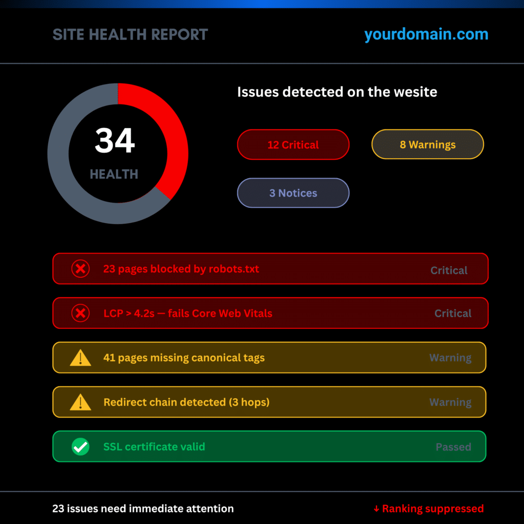 Technical SEO audit Toronto report showing site health issues, Core Web Vitals errors, and crawl problems