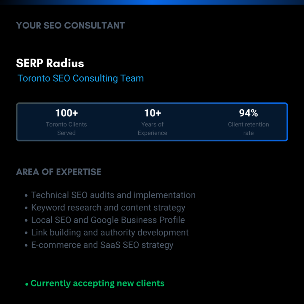SEO consultant Toronto team overview with experience client results and areas of expertise