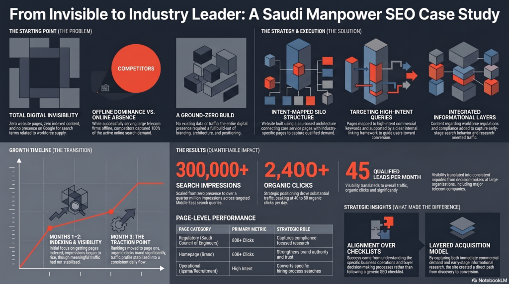 Saudi manpower SEO case study infographic showing search growth, organic clicks, qualified leads, and content strategy results