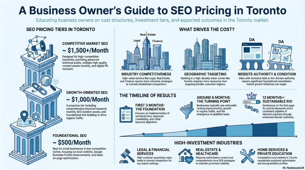 Infographic explaining SEO pricing in Toronto with monthly package tiers, cost factors, expected timelines, and industries that require higher SEO investment.