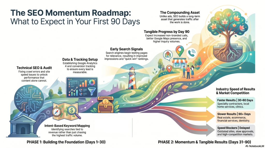 First 90 days of SEO for Toronto businesses showing monthly milestones from technical audit to ranking growth and lead generation