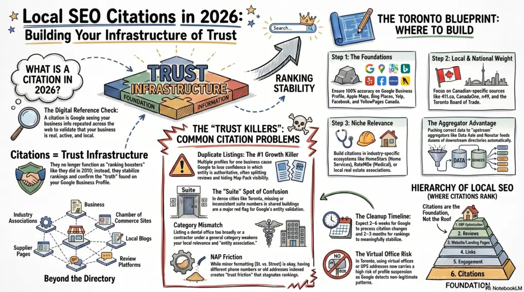 Local SEO citations infographic for Toronto businesses showing trust infrastructure, common citation problems, where to build citations, and how citations rank in the local SEO hierarchy