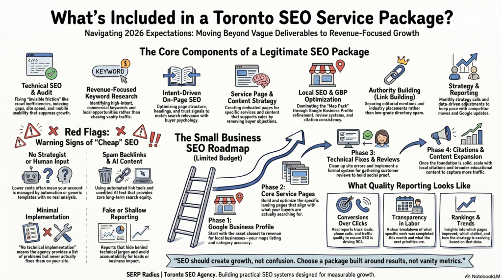Infographic explaining what is included in a Toronto SEO service package, covering technical SEO, keyword research, local SEO, reporting, pricing red flags, and small business growth priorities.