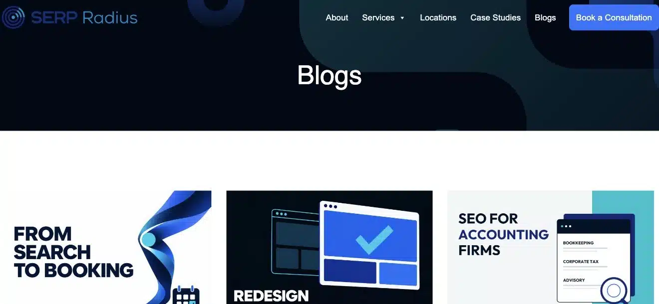 SERP Radius blog hub with navigation and links to different articles.