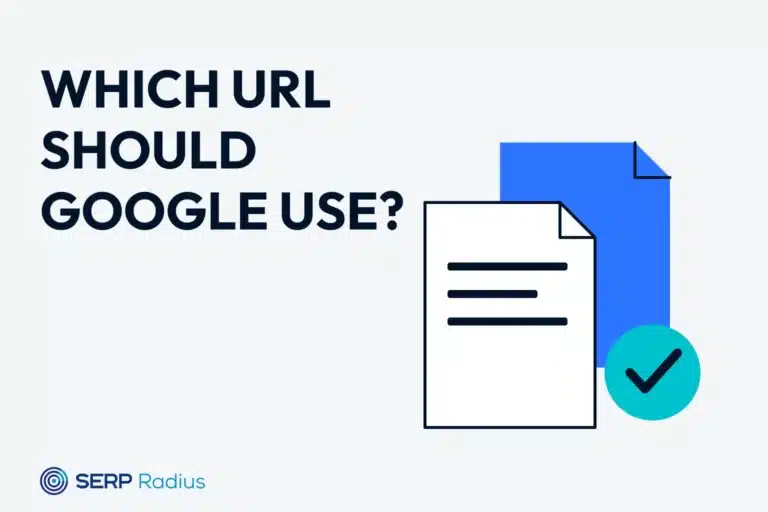 Two overlapping document shapes and a selection check illustrate choosing a preferred canonical URL.