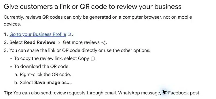 Google Business Profile Help shows the native review QR-code download steps.