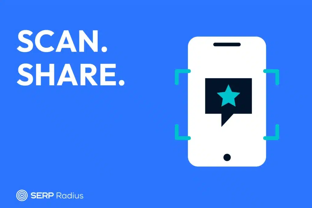 A phone, scanning corners and review bubble illustrate access to an honest review form; no functional QR code is depicted.