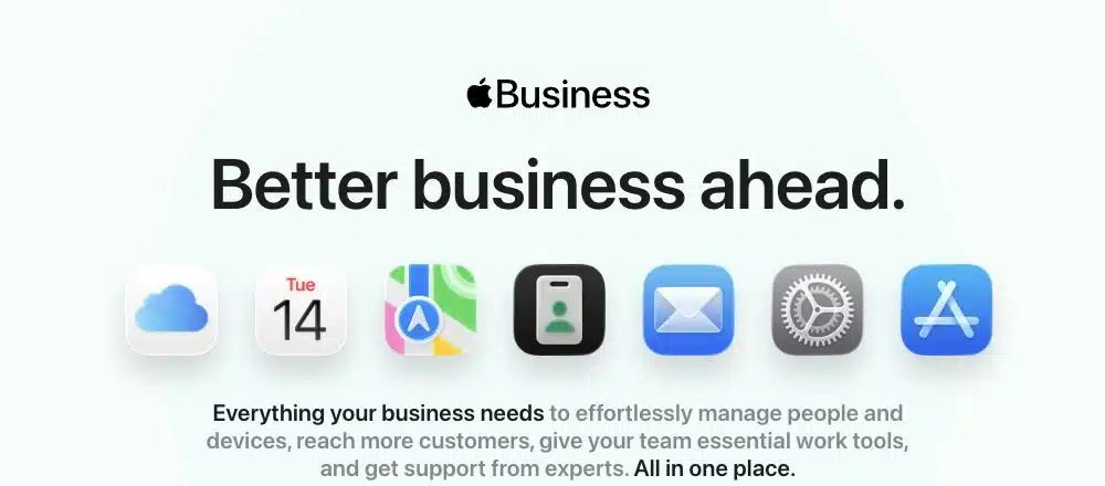 Apple Business public product page with the current platform name and Maps icon.