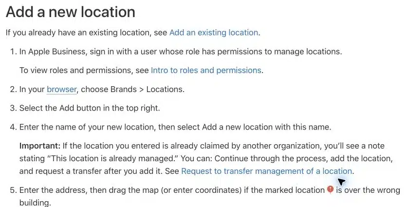 Apple Business official guide shows Brands, Locations and the Add workflow.