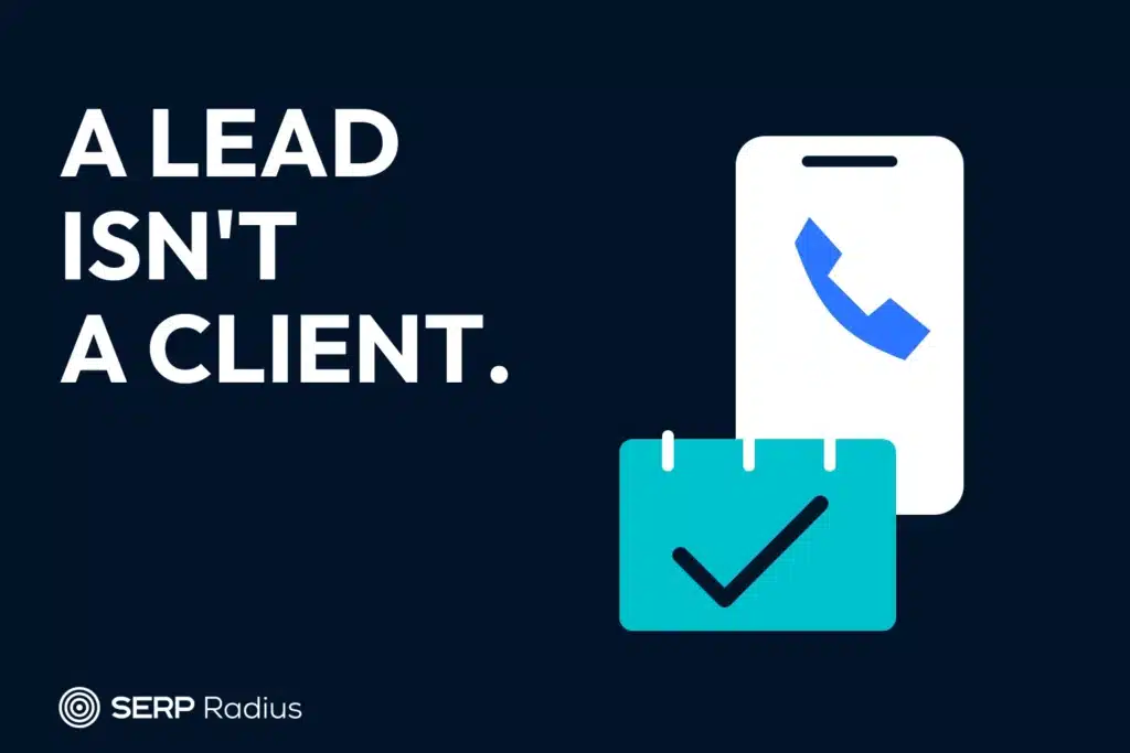 An incoming-call phone and checked appointment calendar illustrate the difference between a lead and a booked outcome.