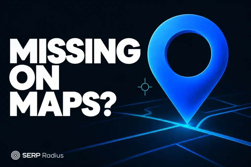 Blue map pin above a street grid, illustrating a business missing from Google Maps.
