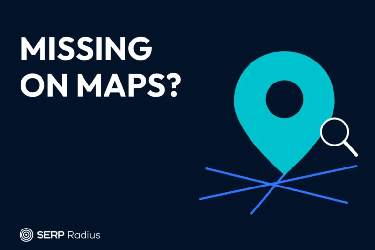 A map pin and search lens illustrate a business missing from Google Maps.