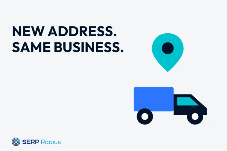 A moving van and location pin illustrate changing a business address.