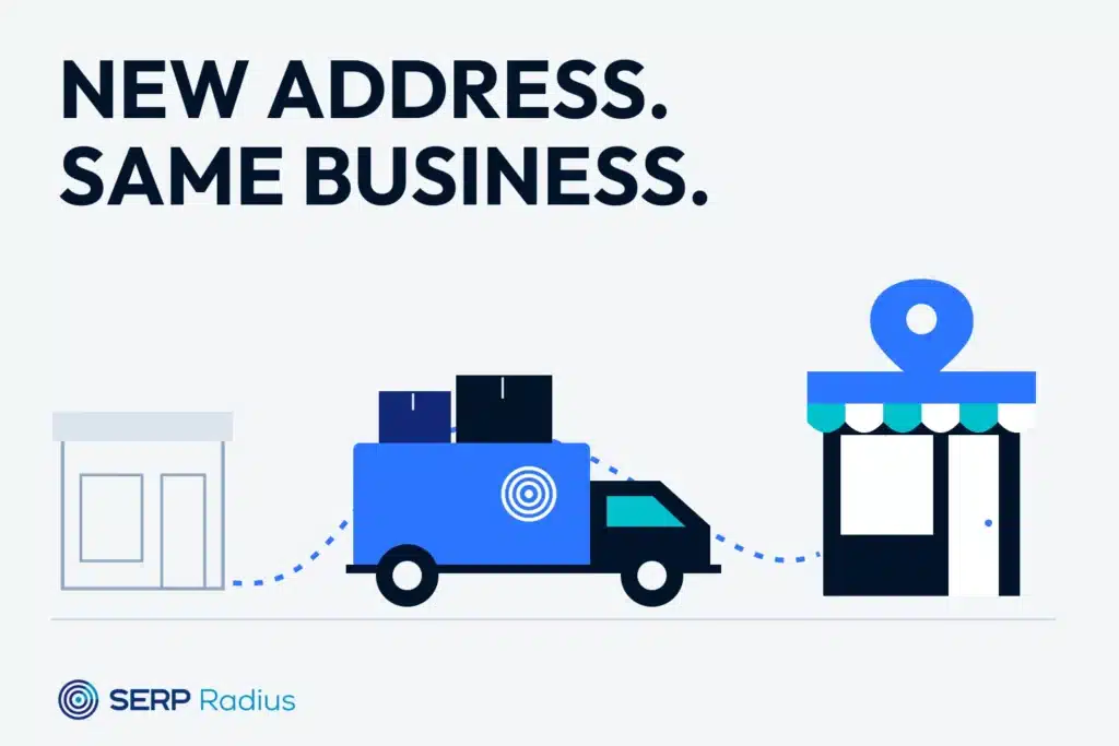 A moving truck travelling from an old storefront to a new business address.