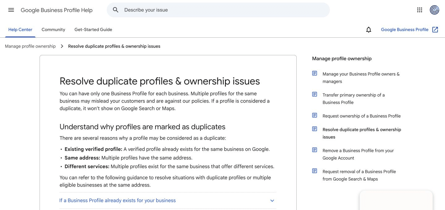 Google Business Profile duplicate and ownership guidance