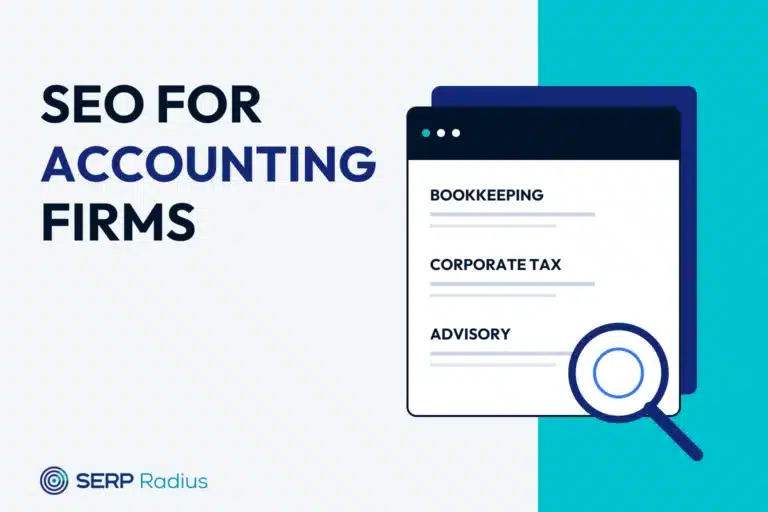 Accounting service pages for bookkeeping, corporate tax and advisory beside a search magnifier.