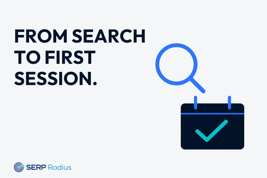 A search lens and checked appointment calendar illustrate SEO for personal trainers.