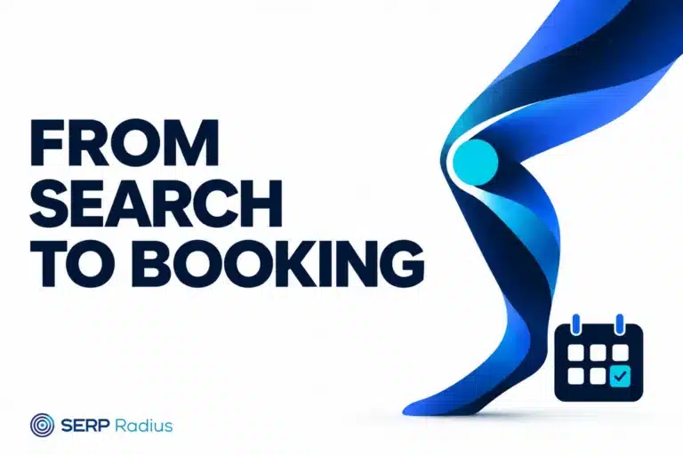 An abstract moving leg beside an appointment calendar, illustrating physiotherapy searches leading to bookings.