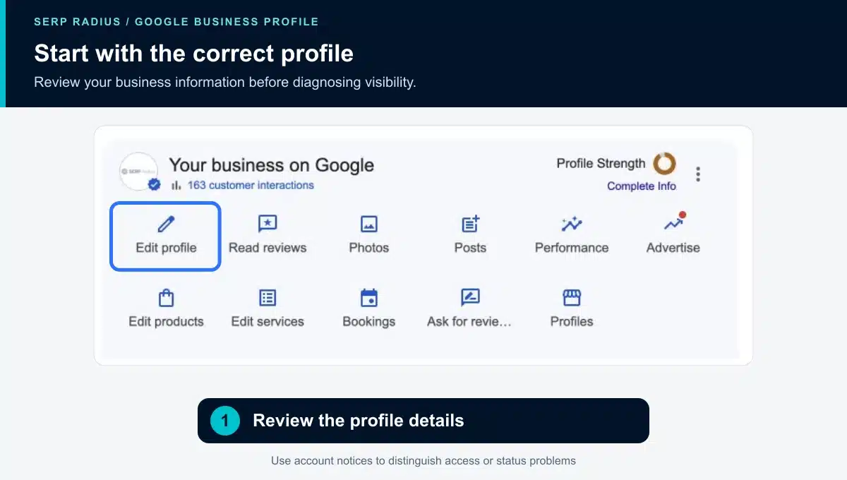 Owner controls for reviewing a Google Business Profile.