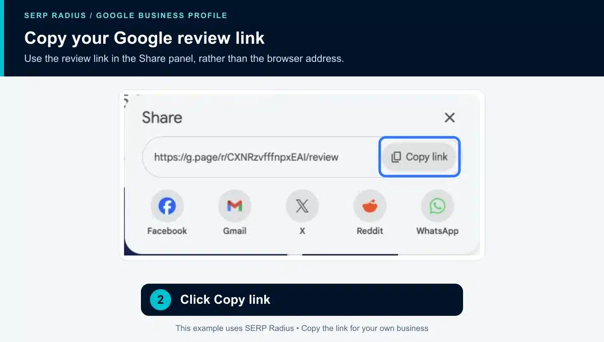 Google’s Share panel with Copy link outlined in blue.