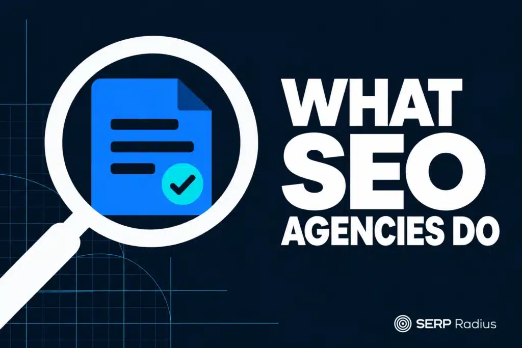 A magnifying glass over a checked document illustrating SEO agency deliverables.